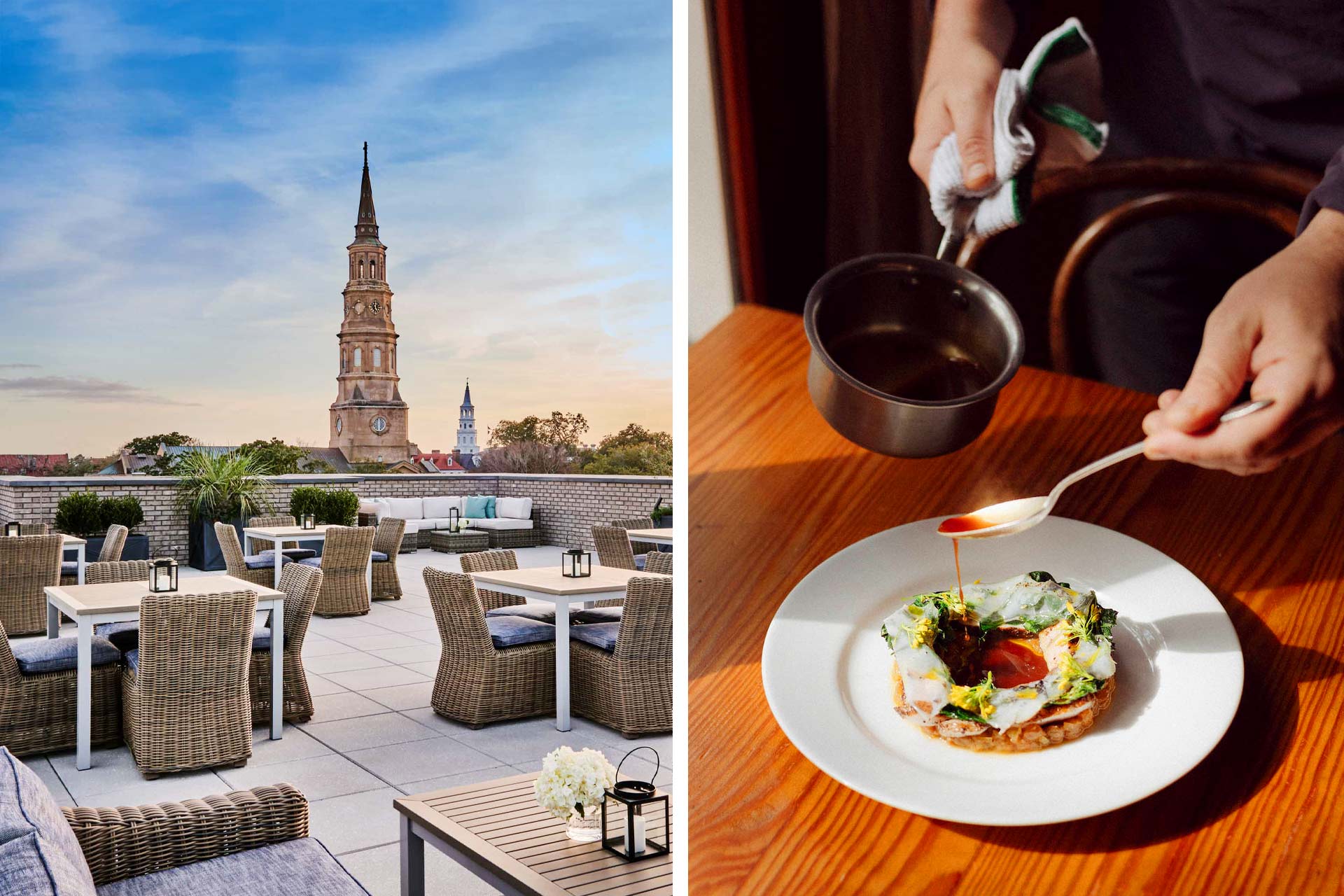 View of Charleston from The Loutrel hotel rooftop and grilled pork loin with golden raisin mostarda and kale at Vern's. © The Loutrel | © Lizzy Rollins/Vern's