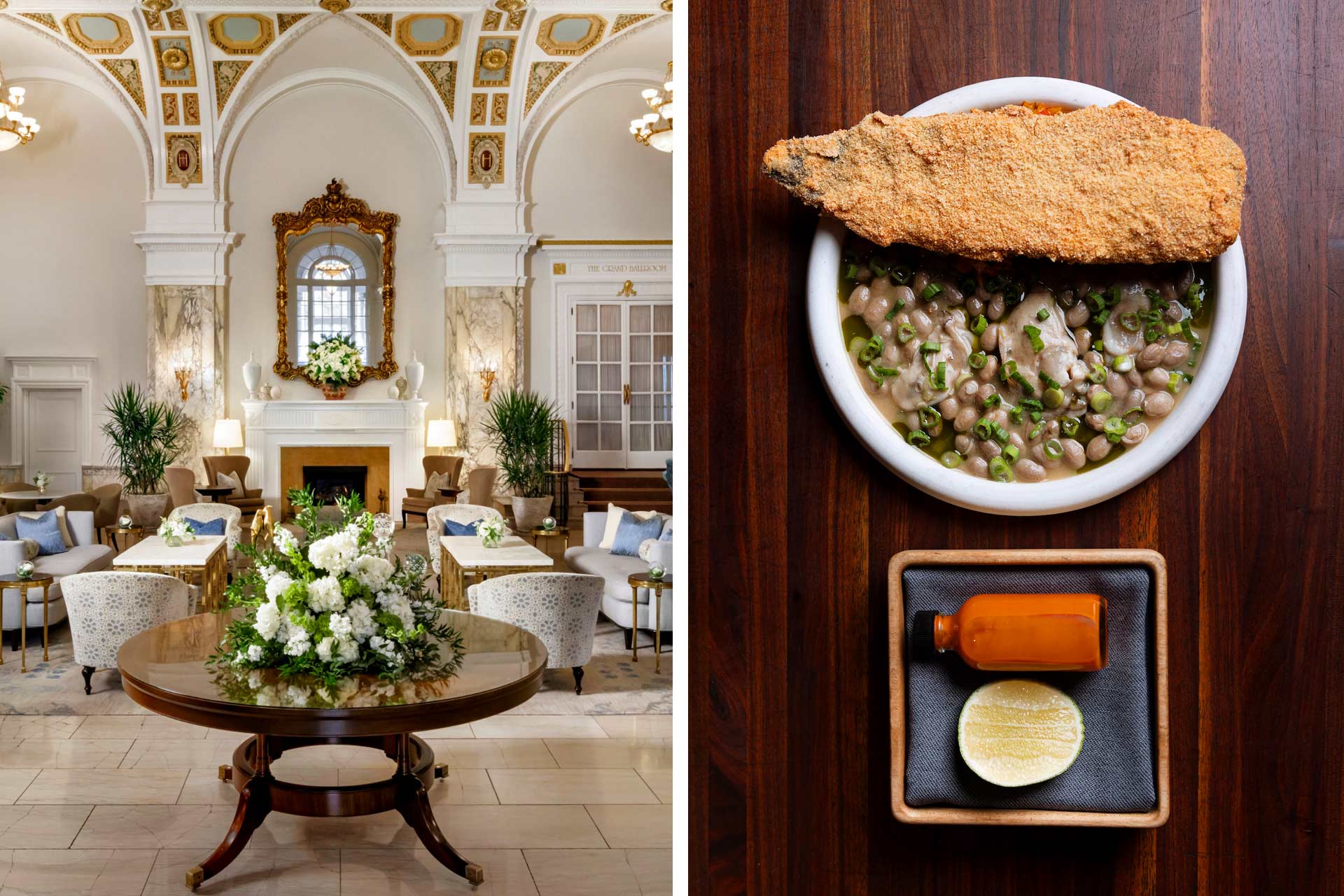 Grand lobby of the Hermitage Hotel and fried fish with pinto beans and hominy from Audrey. © Hermitage Hotel | © Kristen Holliday/Audrey