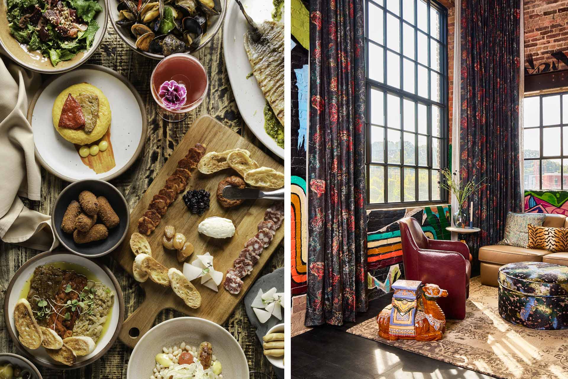 Vibrant spread of Spanish tapas from Cúrate Bar de Tapas and the eclectic, art-filled interior of The Radical Hotel. © Fraiche Photography/Cúrate Bar de Tapas | © The Radical