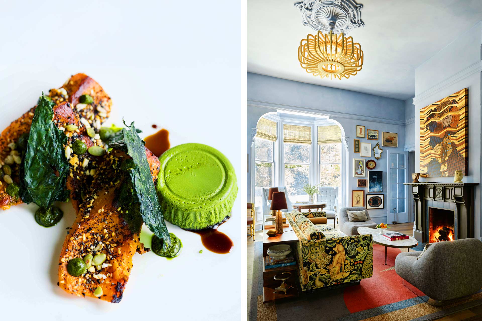 Pan-seared salmon with crispy skin at Dry Creek Kitchen.  The art-filled interior of the Living Room at The Madrona. © Paige Greene Photo/Dry Creek Kitchen | © The Madrona