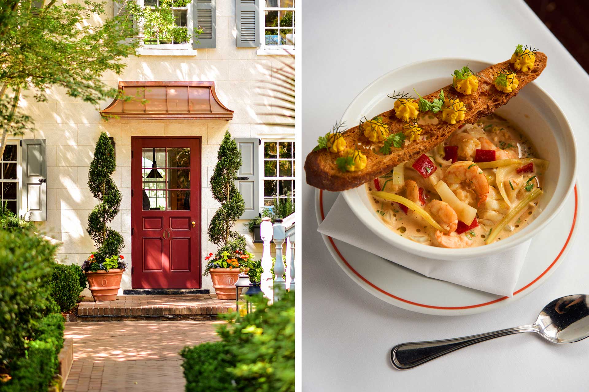 The historic Zero George restaurant and inn, and the classic bouillabaisse at Fig. © Zero George | © Fig
