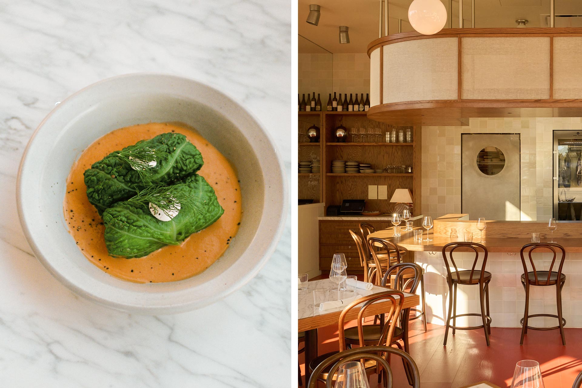 Cabbage stuffed with abalone rice in a tomato beurre blanc is a suggested order at Little Fish Melrose Hill, where a relaxed vibe draws diners. © Kort Havens/Little Fish Melrose Hill