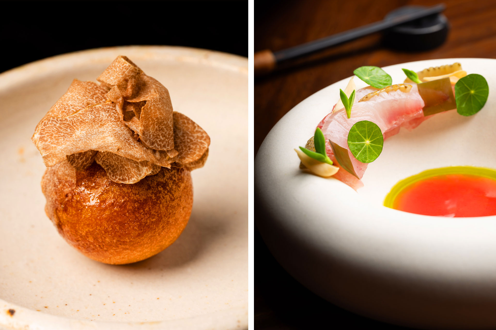 Truffle dish and artfully arranged tuna sashimi from Enclos. © Adahlia Cole/Enclos