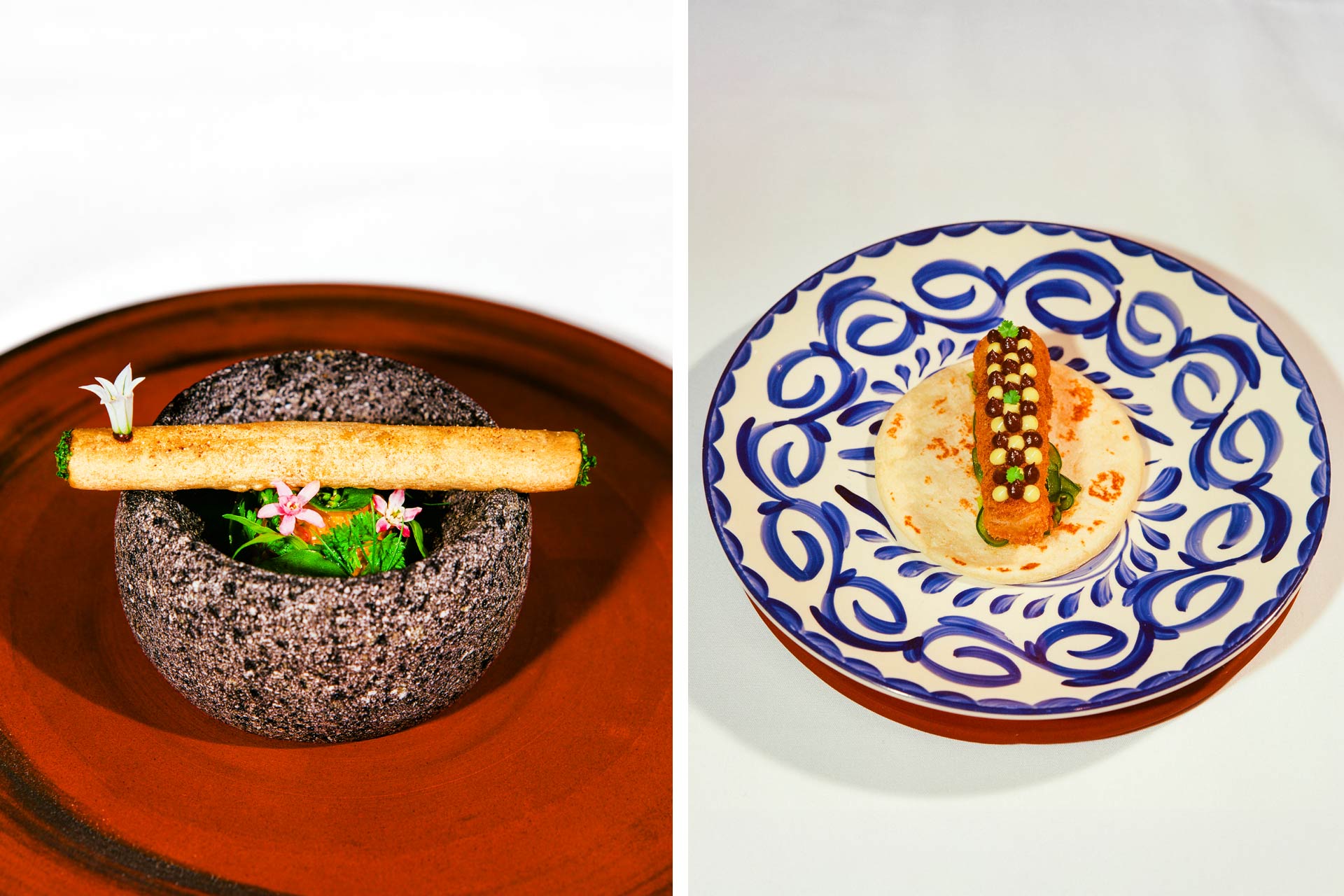 Dish presented in a molcajete and an elevated fish taco at Californios. © Val Cantu/Californios
