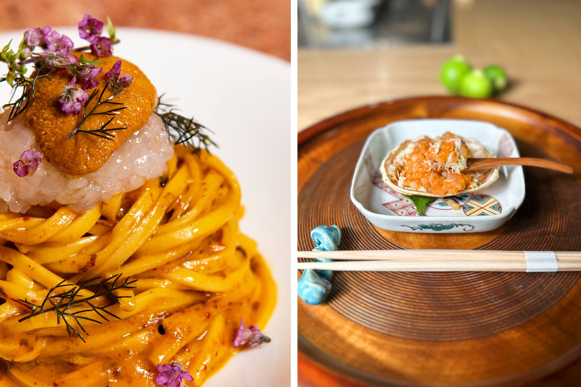 Spaghetti all'assassina served with sea urchin and red prawn at Lielle and Ikura served inside a crab shell at Kojima. © Andrea Jernmark/Lielle | © Ikura zensai/Kojima