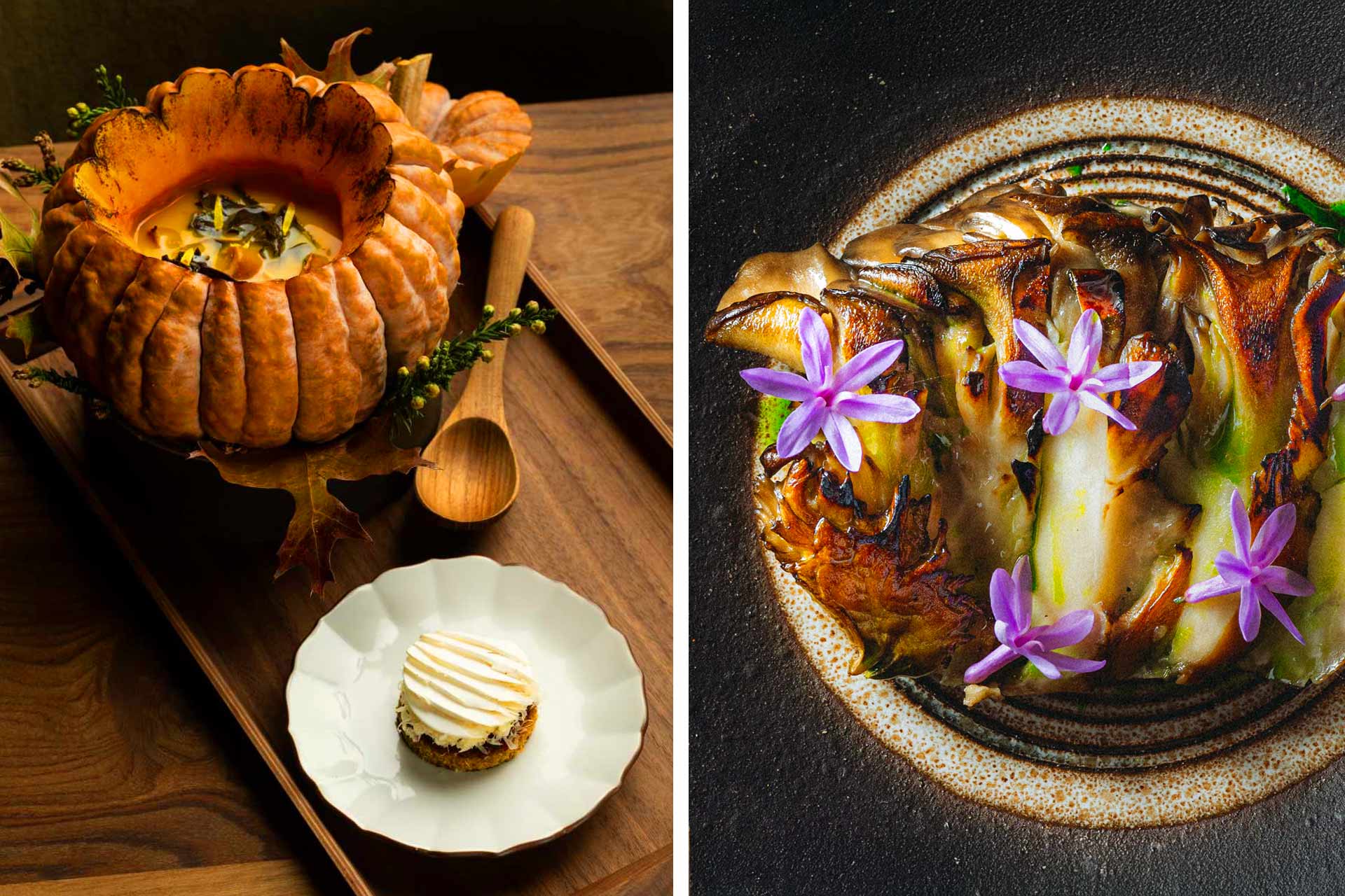 Pumpkin soup at Wolfsbane and charred mushrooms with edible flowers at Seline. © Adahlia Cole Photography/Wolfsbane | © Pete Lee/Seline