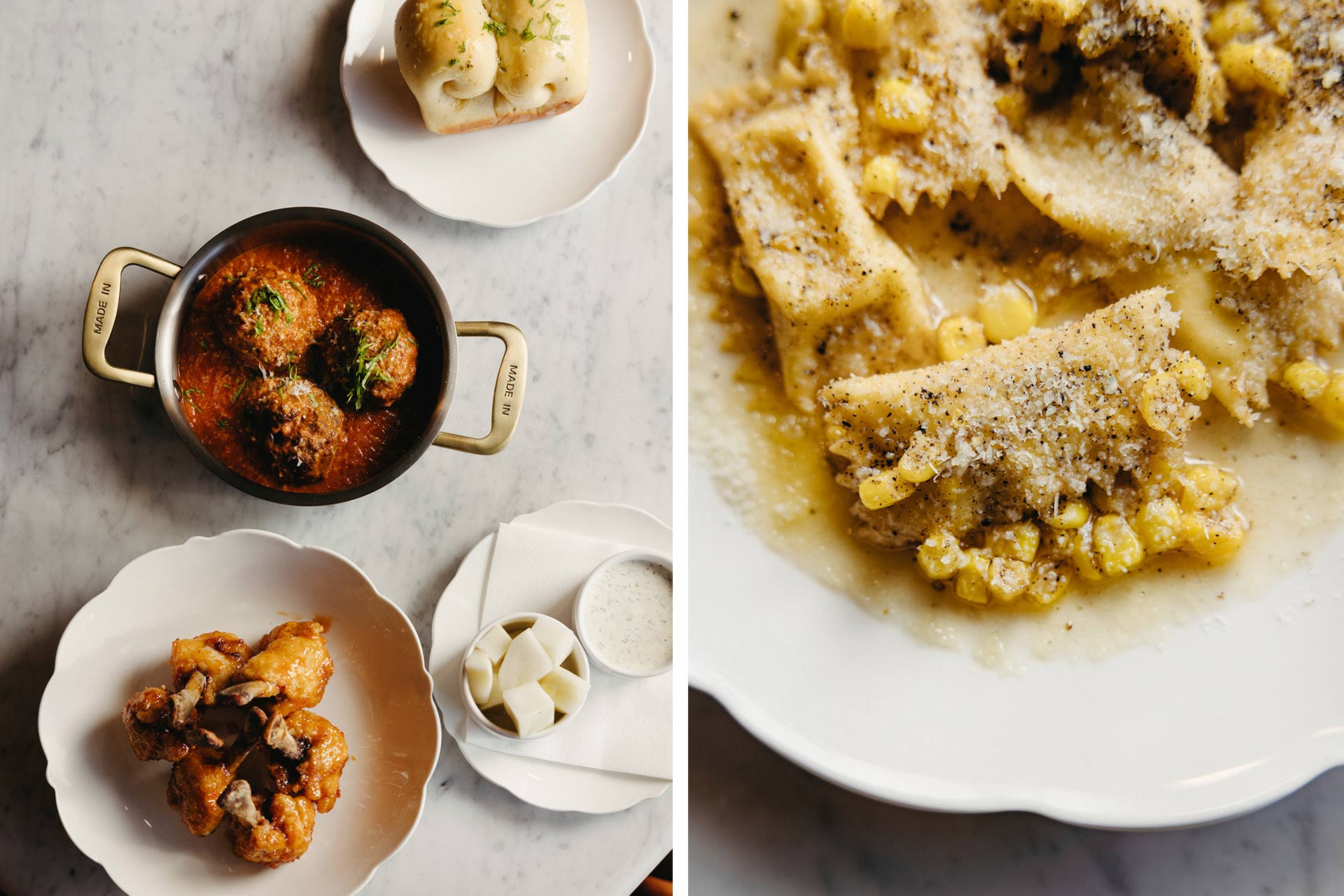 Spread of dishes including meatballs and sweet corn agnolotti at Lapaba. © Lapaba