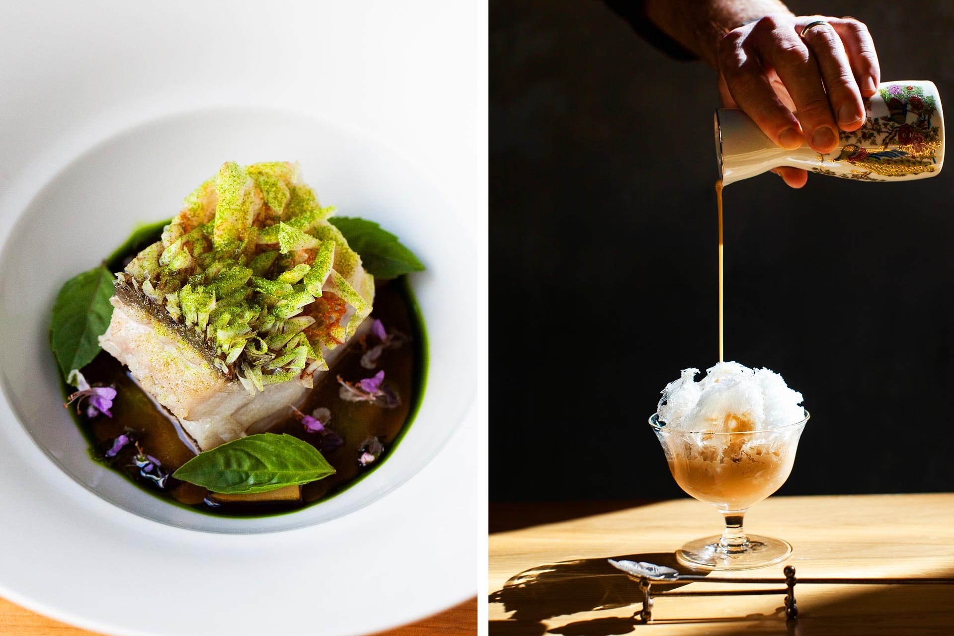 Basil clams dish and Pimm’s Cup over shaved ice. © Colleen O'Brien /Kato