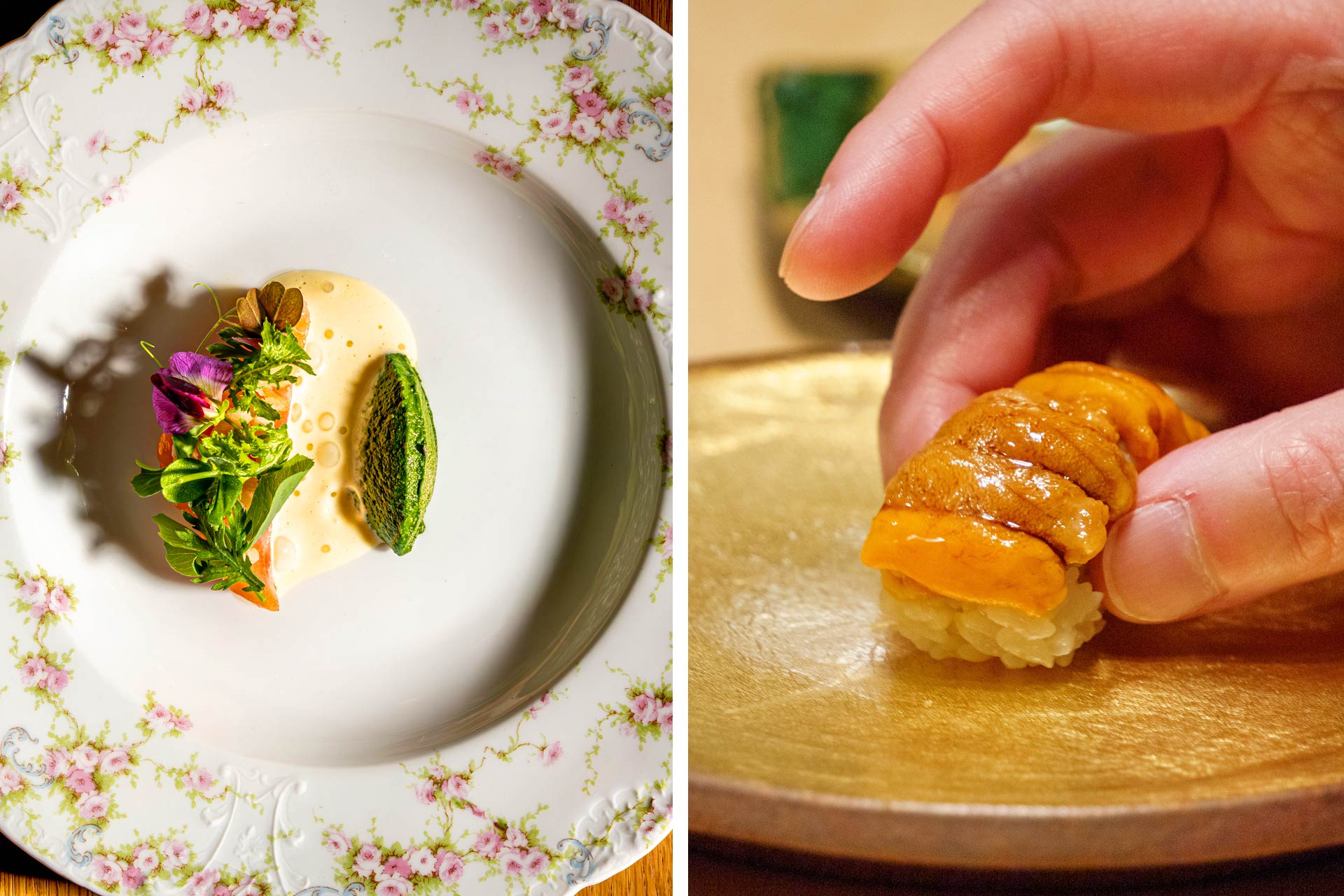 Delicate edible flowers and microgreens dish at Troubadour; uni nigiri from Miura. © Dean Mejia/Troubadour | © Richard Kano/Miura