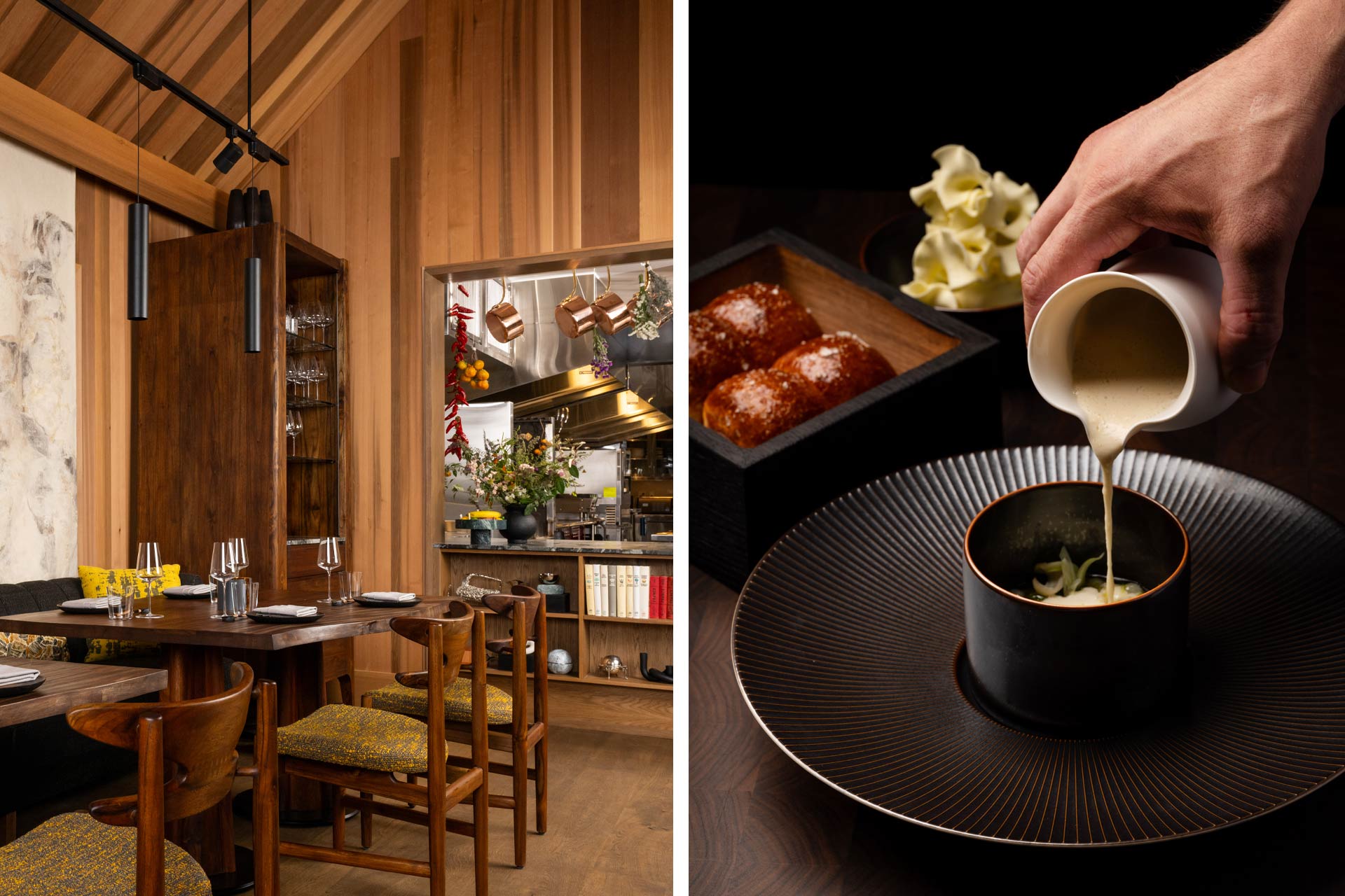 The handsome interior of Enclos and clam chowder chawanmushi. © Colin Peck & Adahlia Cole
