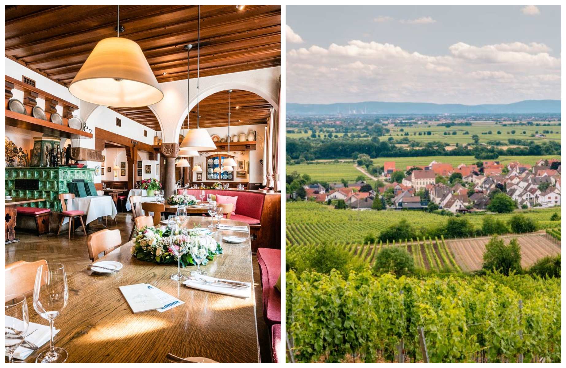Links: Deidesheimer Hof Restaurant St. Urban © Deidesheimer Hof; rechts: Weinberglandschaft und Stadtbild von Deidesheim an der Deutschen Weinstraße © Nachteule/iStock