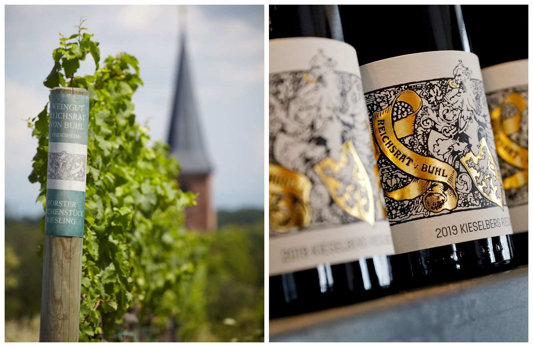 Links: Weingut Reichsrat von Buhl Lage Kirchenstück © Jo Bayer; rechts: Reichsrat von Buhl Weine © Melanie Hubach