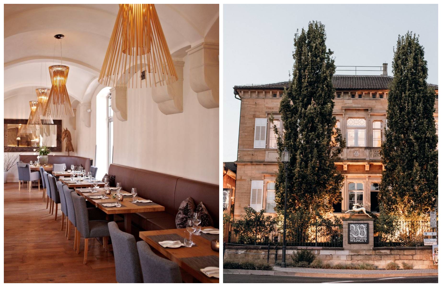 Links: Restaurant Leopold im Weingut von Winning; rechts: Ansicht von außen © Weingut von Winning