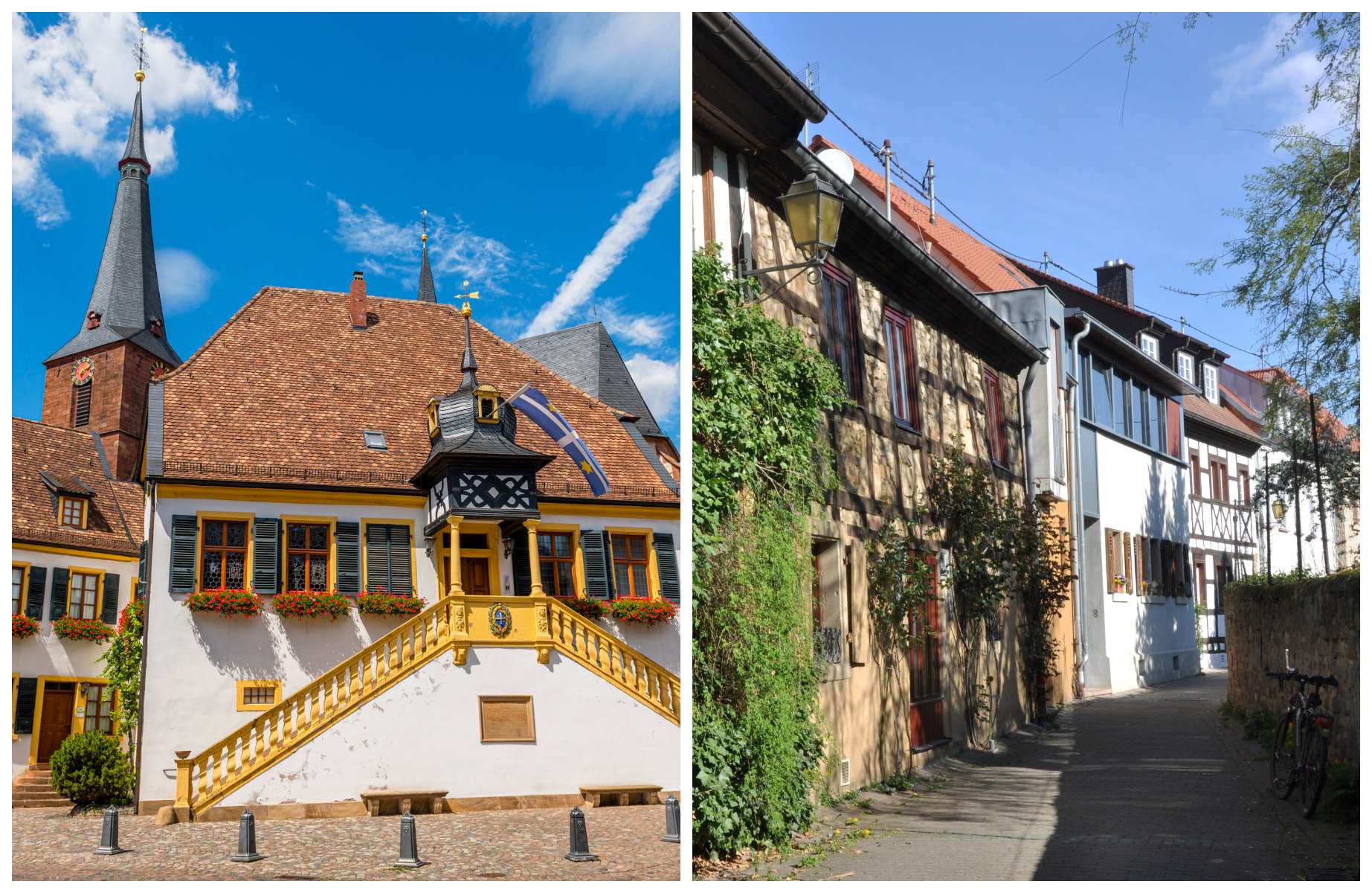 Links: Rathaus in Deidesheim © no_limit_pictures/iStock; rechts: Stadtmauergasse © Tourist Service GmbH Deidesheim