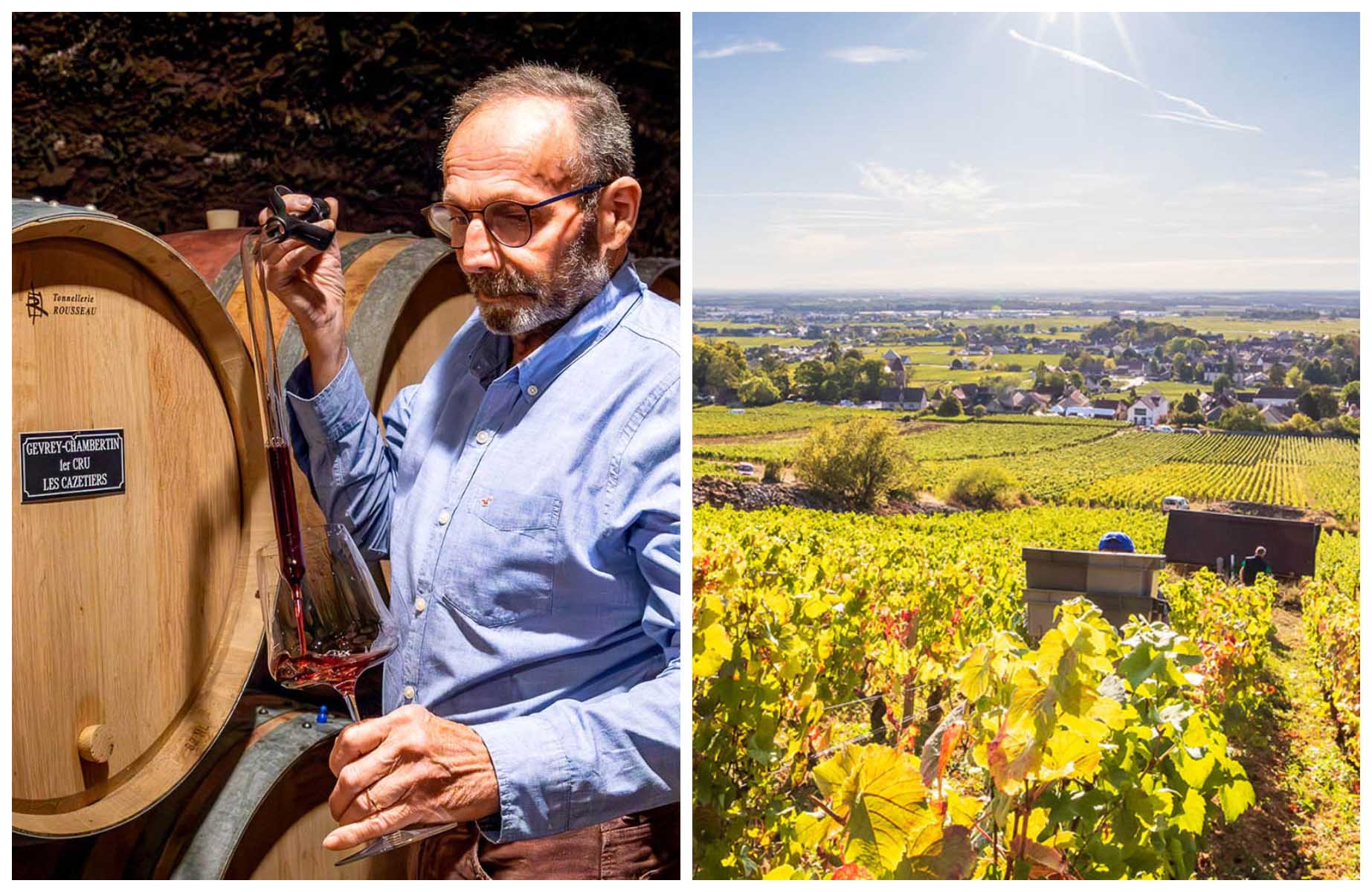 Bruno Clair in his cellar and a superb view over the domaine’s vines at Marsannay-la-Côte. © Rouge Cerise/Bruno Clair
