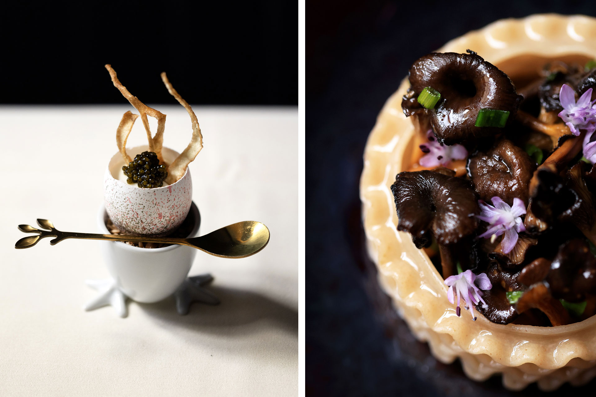 Local ingredients are the headliners at Le Clan which include decorative shells with caviar-topped eggs and local mushroom tarts with edible flowers. © Frédéric Laroche/Le Clan