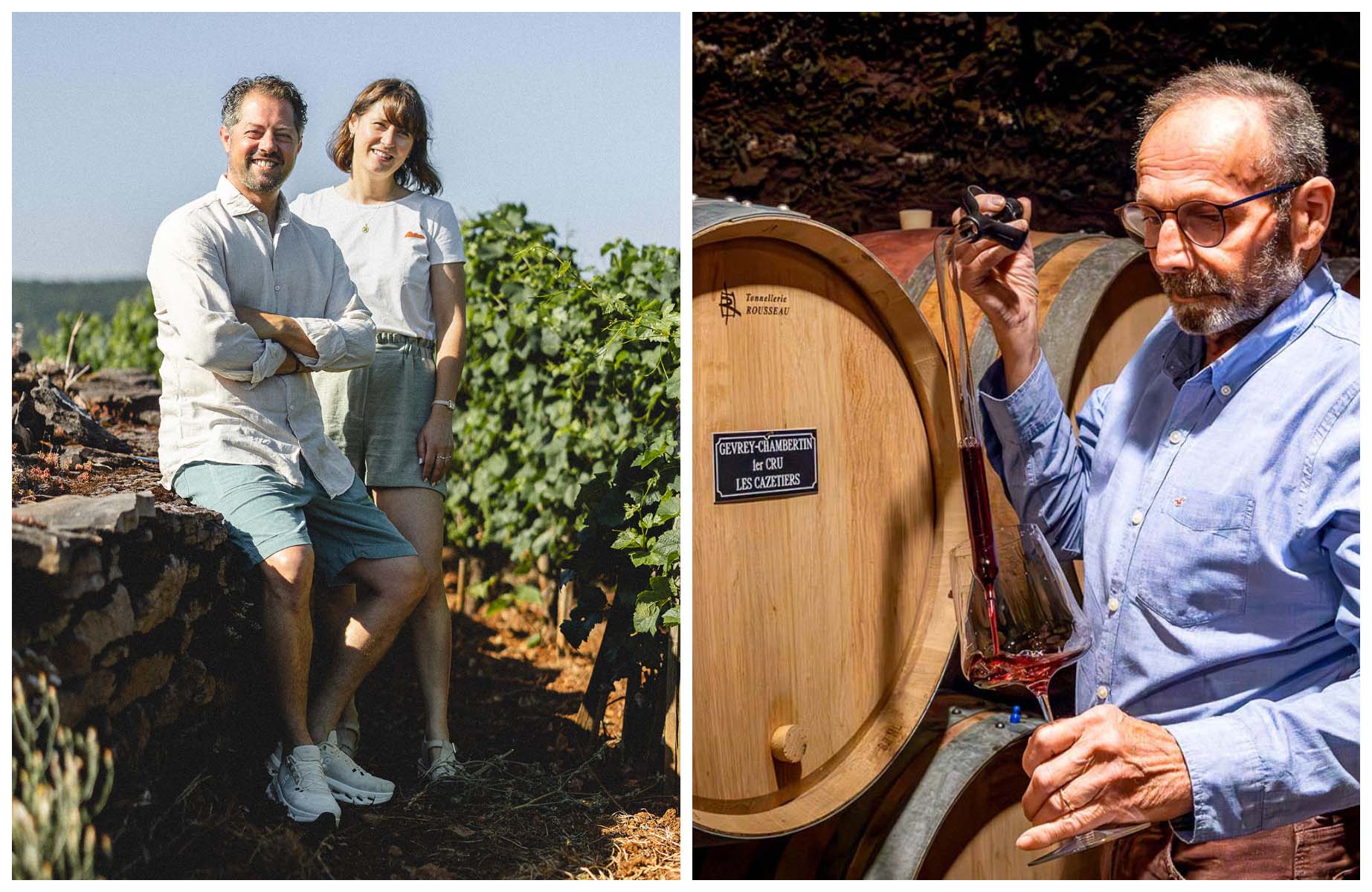 Arnaud Mortet and his sister Clémence in Gevrey-Chambertin. Bruno Clair in his cellar in Marsannay-la-Côte. © Antoine Martel/MICHELIN Guide, © Rouge Cerise/Bruno Clair