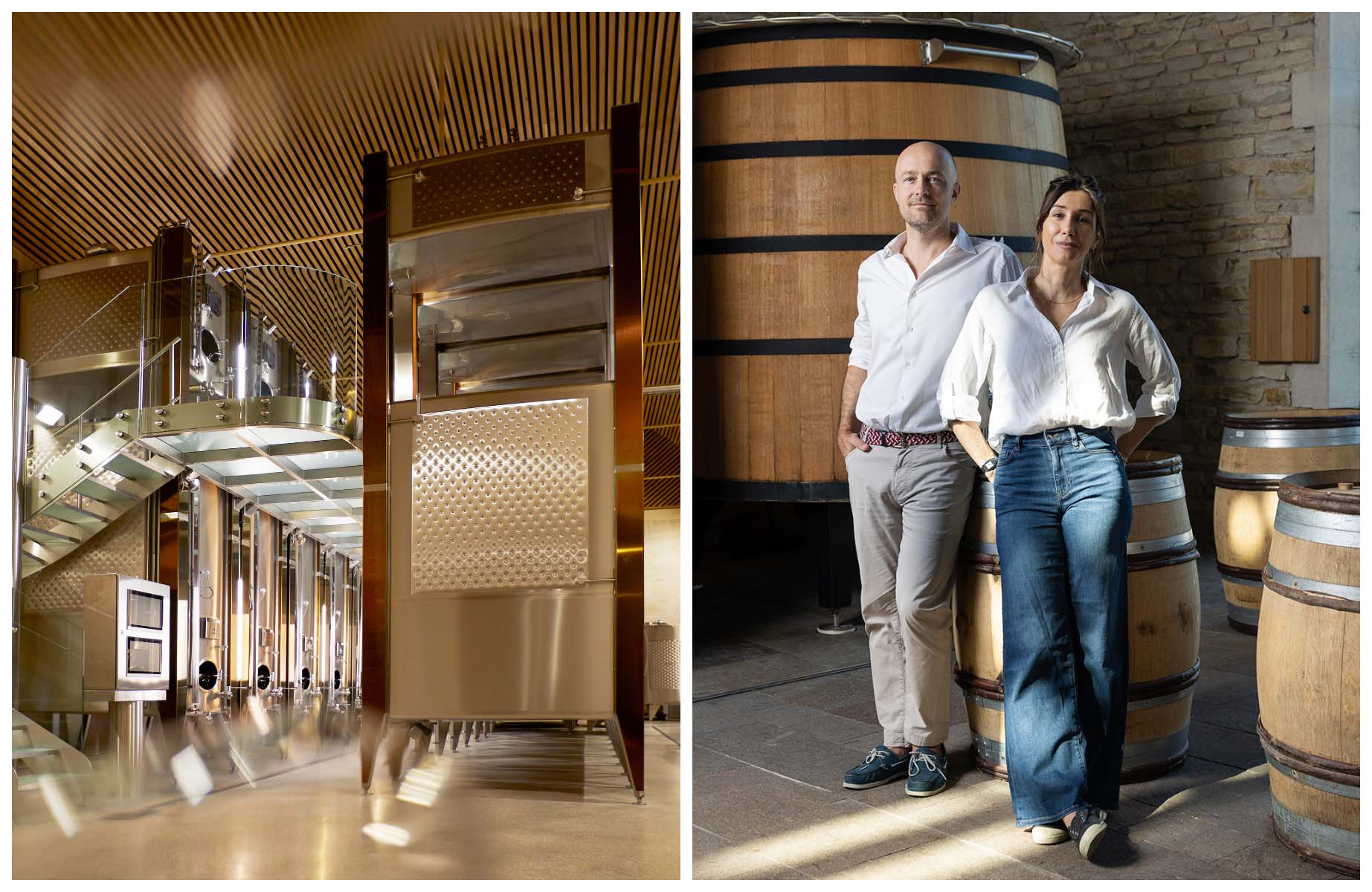 The Leflaive estate’s winery in Puligny-Montrachet. Erwan and Eve Faiveley in Nuits-Saint-Georges. © Jérôme Bryon/Domaine Leflaive, © Antoine Martel/MICHELIN Guide