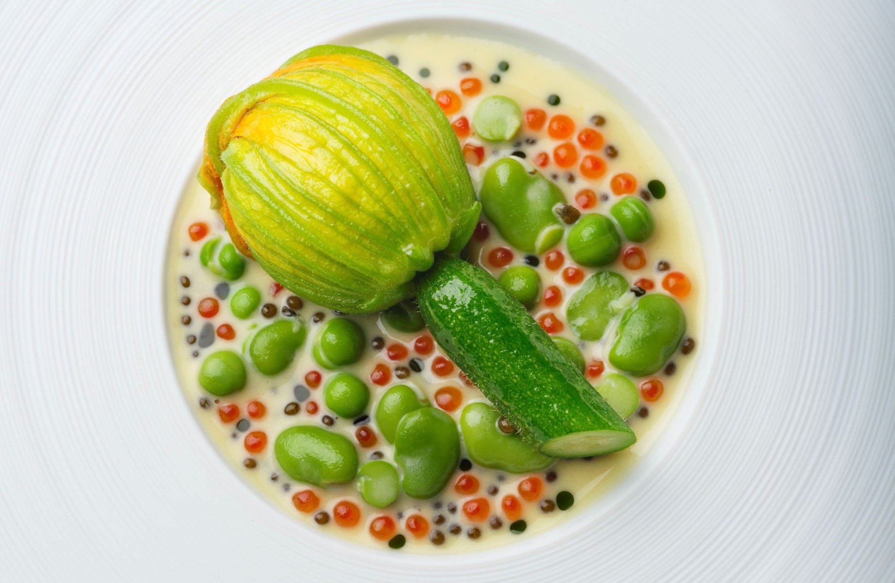 Courgette Flower, Lobster Mousse, Beurre Blanc, Dill, Tomato at Ballyfin, Ballyfin. © Jodi Hinds/Ballyfin
