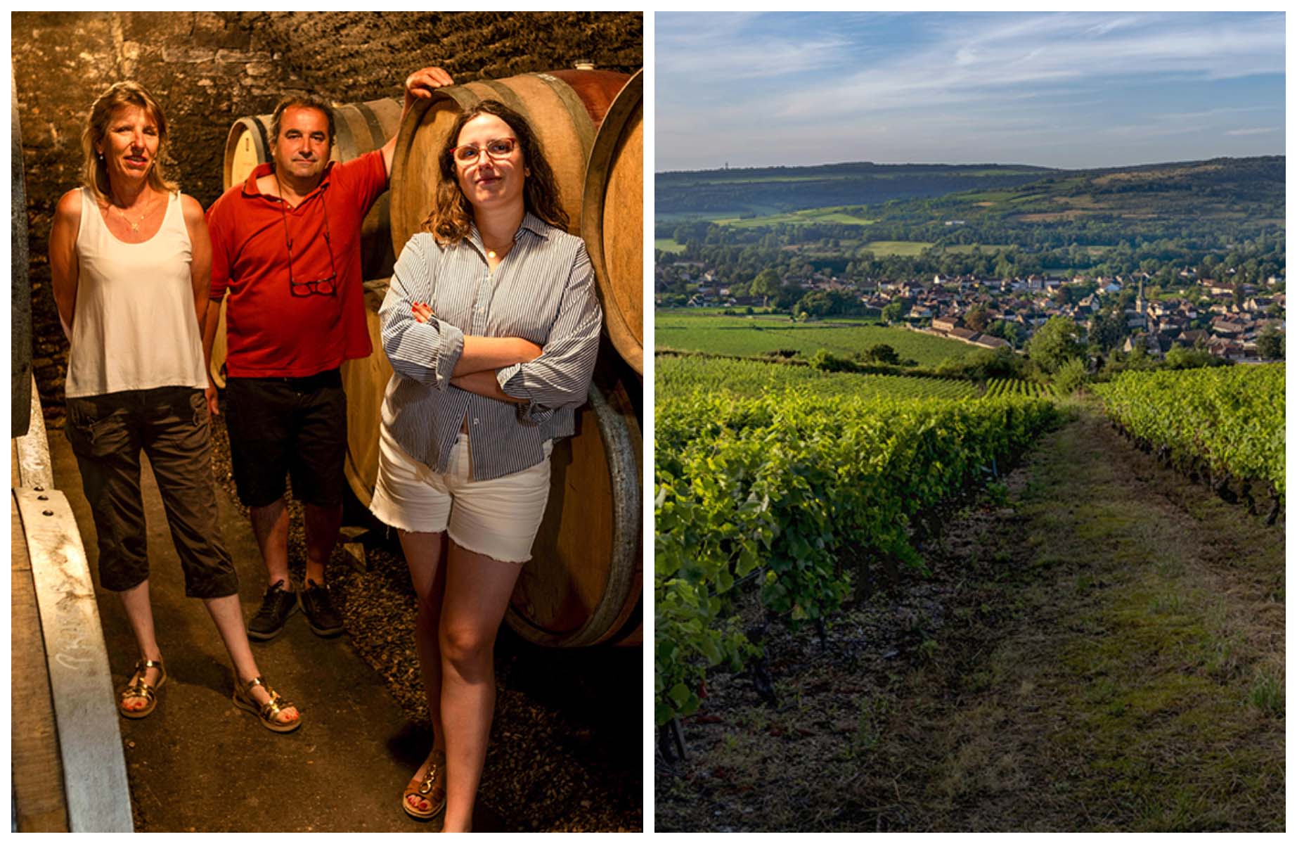 Anne-Marie Vincent, Jean-Marc Vincent and their daughter. A vineyard parcel of their estate in Santenay. © Michel Baudoin 2026/MICHELIN Guide