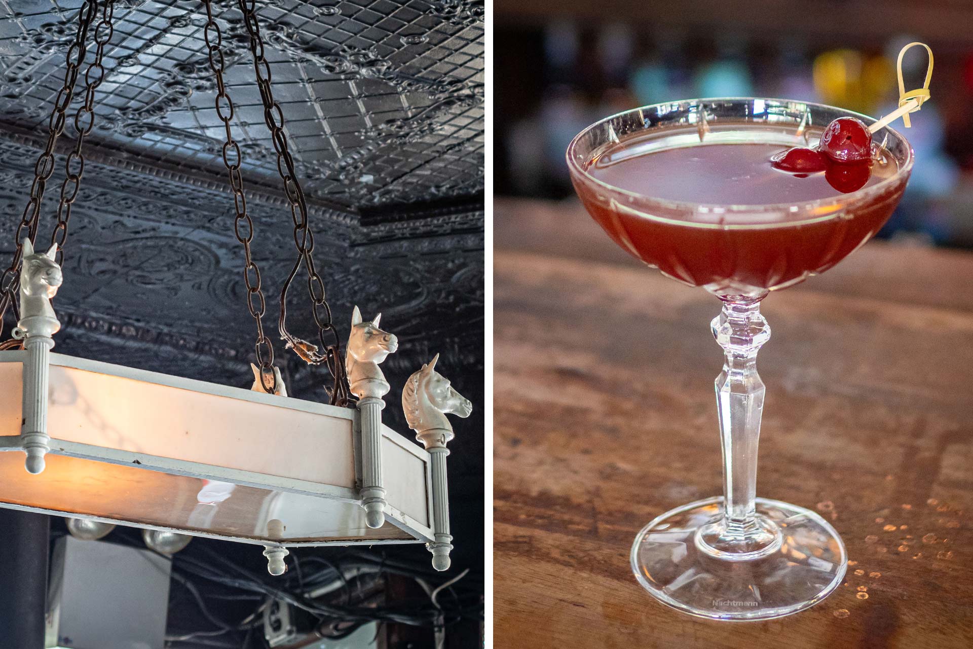 Tin ceilings, an original wood bar and intricate horse-themed decor define the White Horse Tavern, where the go-to order is their 1880 FM. © Thomas Robert Clarke Photography / MICHELIN Guide