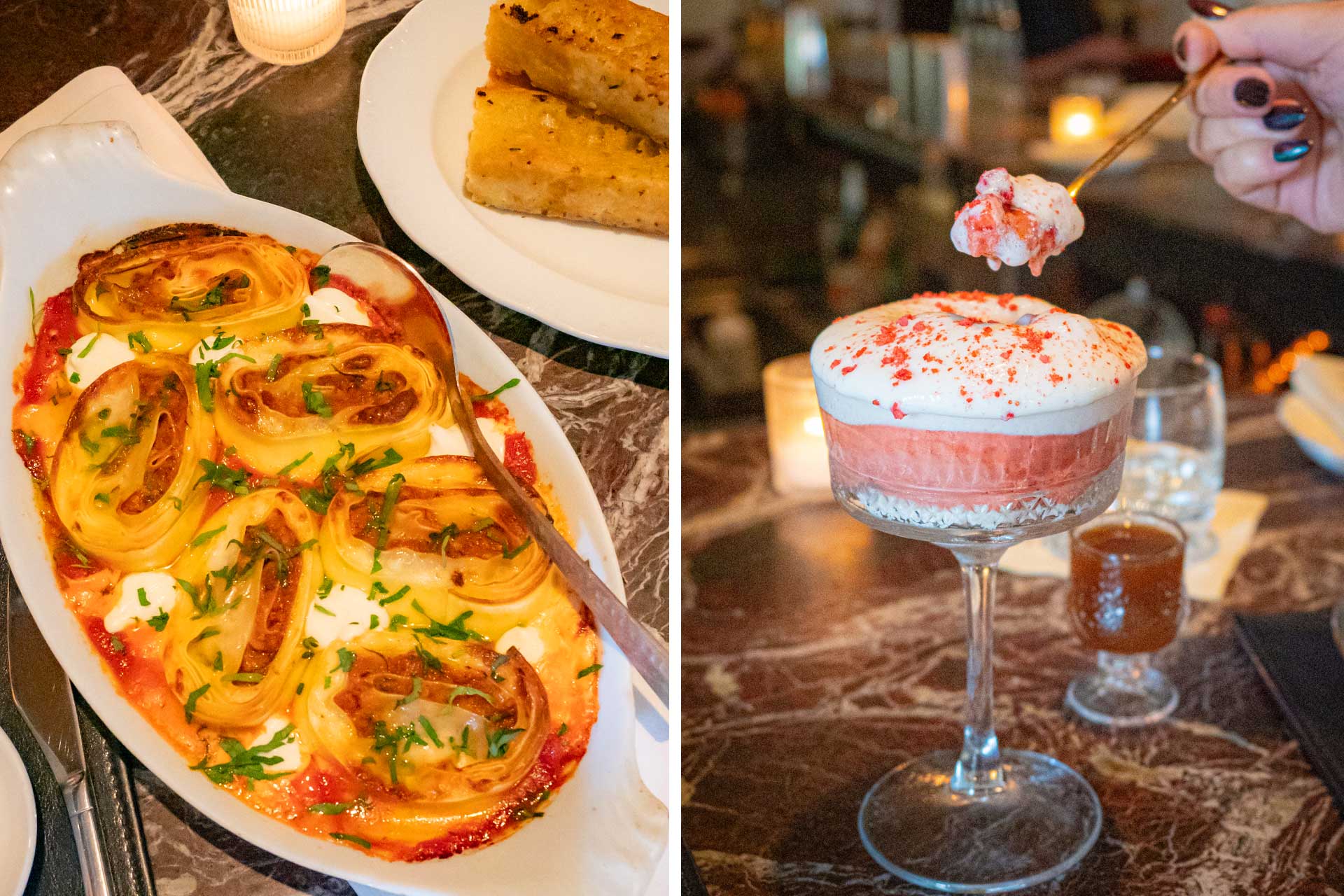 Try the signature pinwheel lasagna and save room for dessert with their play on strawberry shortcake and house-made root beer amaro. © Thomas Robert Clarke Photography / MICHELIN Guide