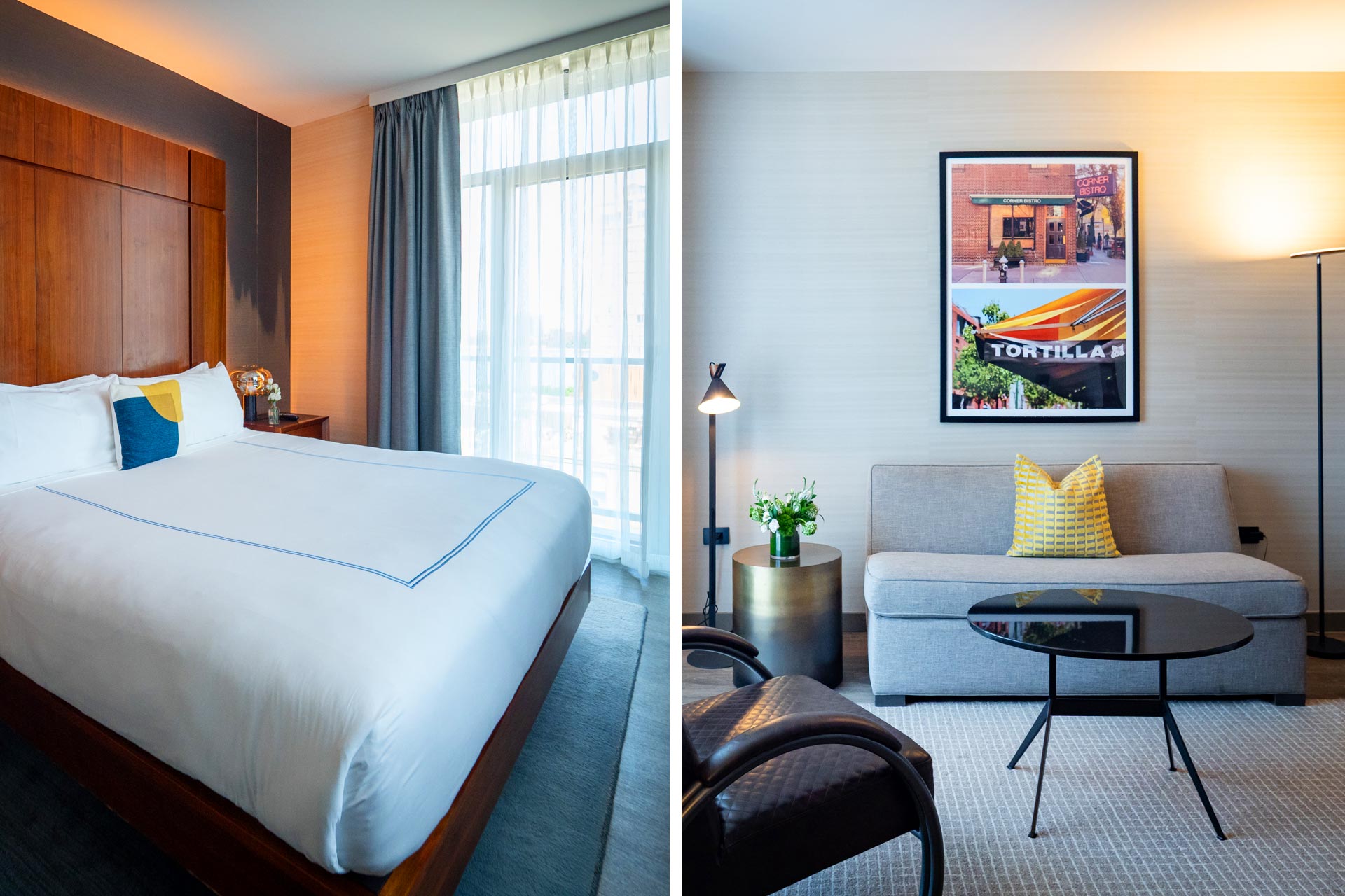 Stay in the apartment-style Gansevoort Suite with two private step-out Juliet balconies for soaking in views of the Hudson River and Meatpacking District. © Thomas Robert Clarke Photography / MICHELIN Guide