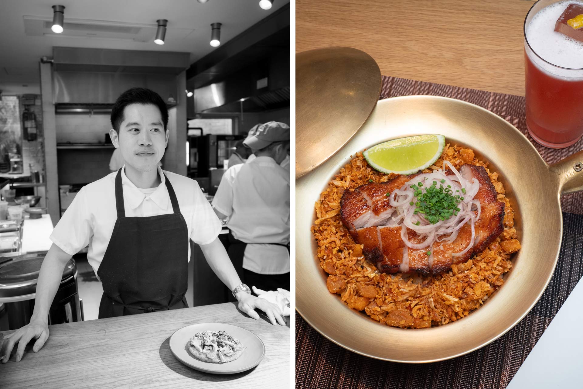 Grab a seat near the kitchen to watch Chef Max Wittawat in action, but don't miss the signature crispy fried pork jowls. © Thomas Robert Clarke Photography / MICHELIN Guide