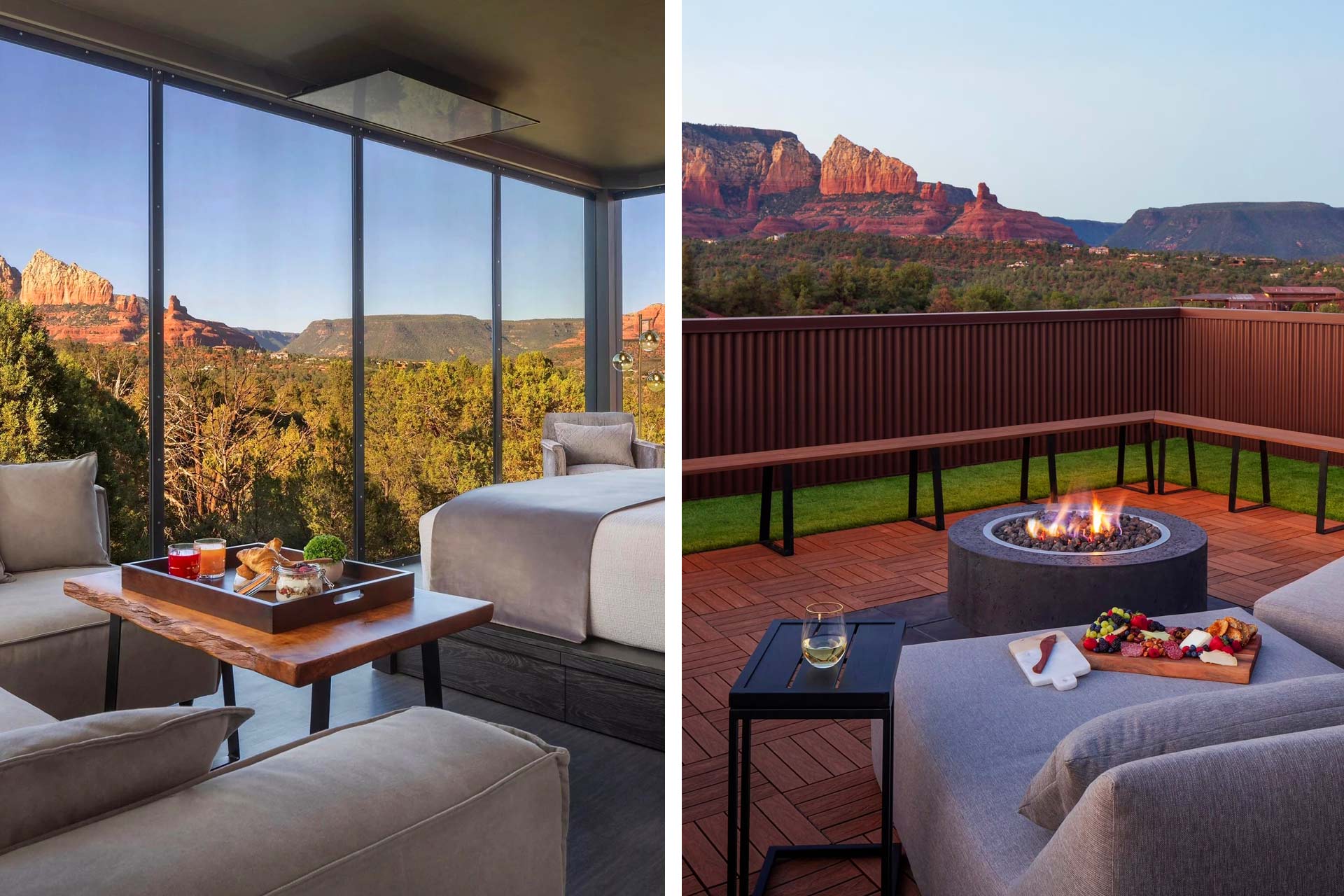Book one of the freestanding glass atrium suites and then relax by your private firepit overlooking the majestic red rock formations of Sedona at Ambiente. © Ambiente, A Landscape Hotel