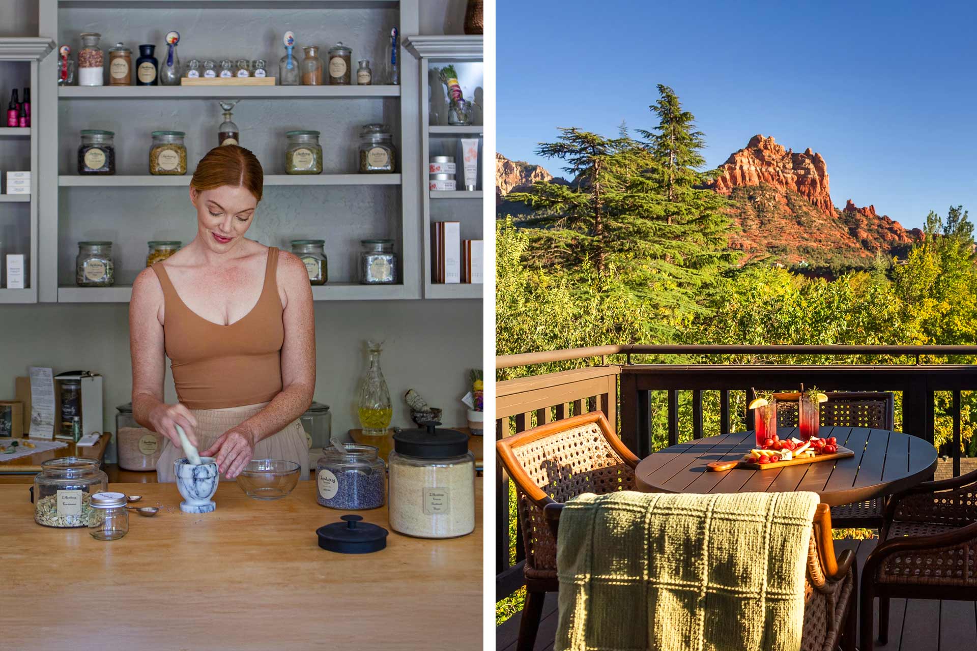 Blend oils with herbs and botanicals to create signature scents and body scrubs at L'Apothecary Spa and end your day of wellness with a lovely meal overlooking the red rocks of Sedona at L'Auberge. © L'Auberge de Sedona 