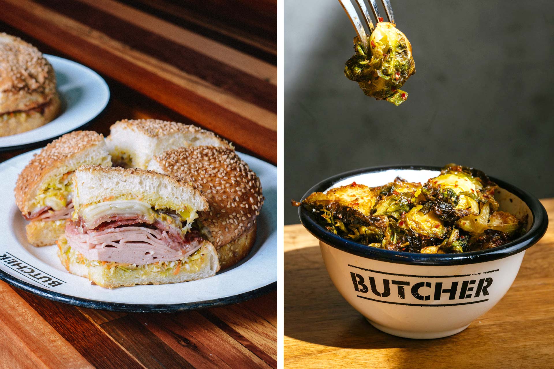 Cochon Butcher is known for their muffulettas, but a side of and crispy Brussel sprouts is always a good idea. © Cochon Butcher