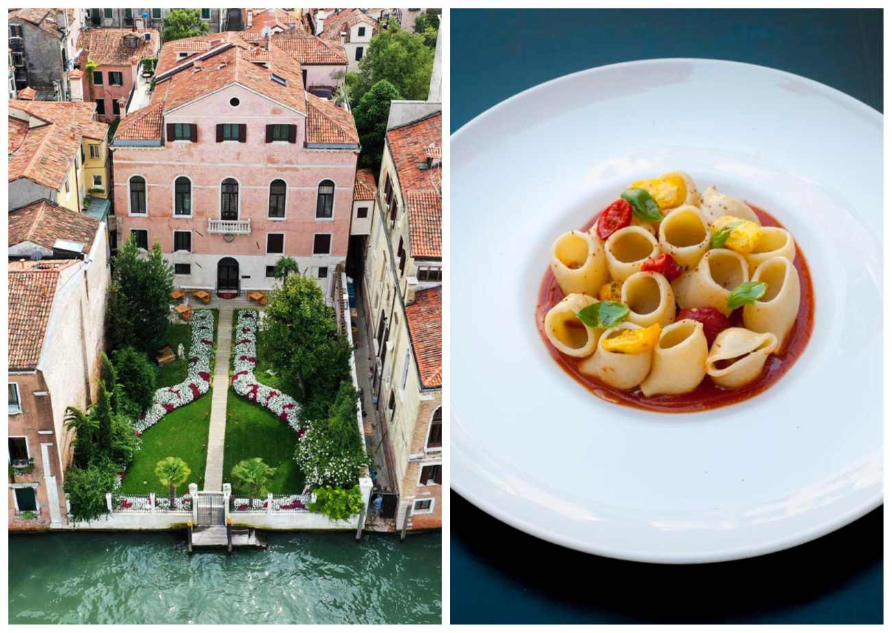 Palazzo Venart Luxury Hotel, a Grand Canal hideaway set in a restored Renaissance palace, and a plate at Estro, a favorite for inventive seasonal dishes and one of Venice’s best natural wine lists. © Left: Palazzo Venart. Right: Estro