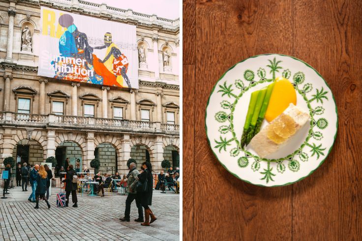 The courtyard of the Royal Academy during its Summer Exhibition and a dish from Charlie's. © coldsnowstorm/iStock, © John Carey/Charlie's