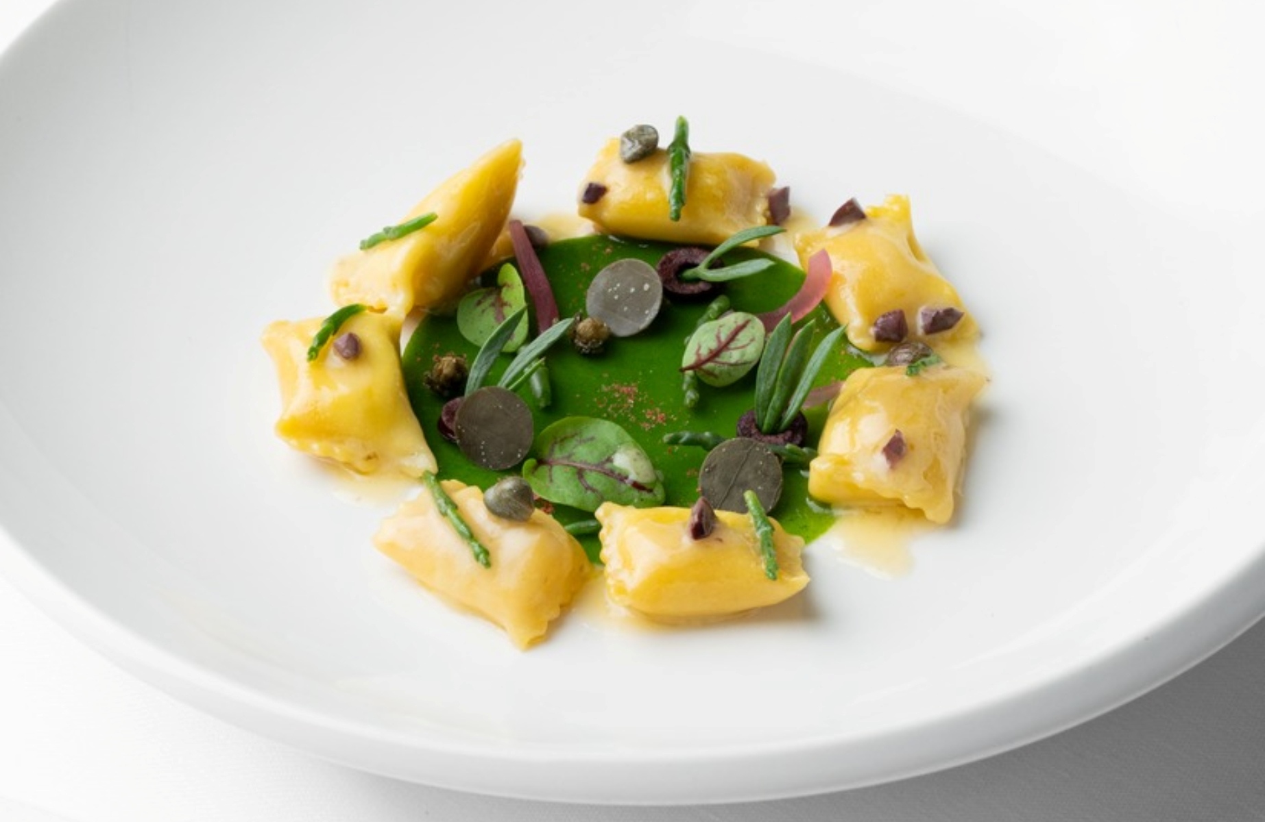 Ravioli ripieni, salsa alle erbe e verdure di stagione . © Saleblu